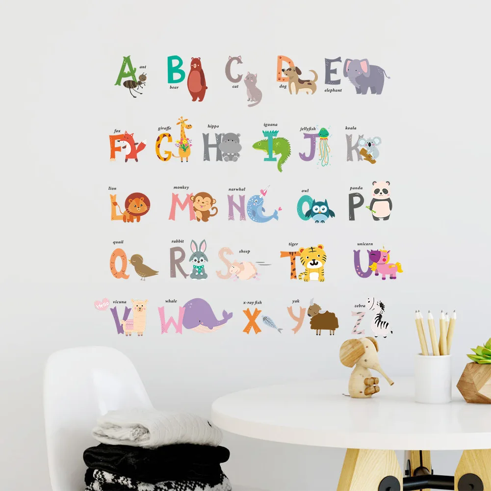 Autocollants Muraux de la Jungle Sauvage, 26 Lettres de l'Alphabet, Animaux pour Chambres d'Enfants, Décoration de Maison, Affiche Murale pour Enfants