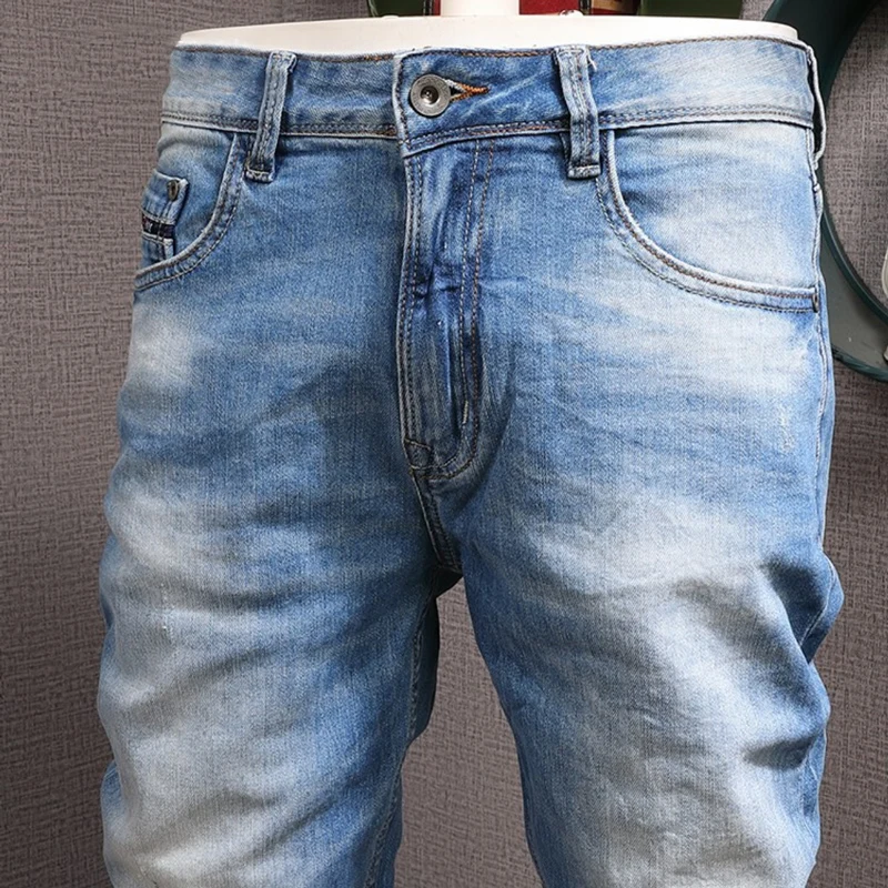 Fashion Designer Men Jeans Retro Blue Elastic Slim Fit Ripped Jeans Men Vintage Casual Trousers Korean Style Denim Pants Hombre