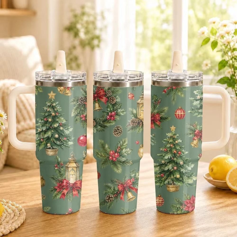 Christmas Poinsettia Holly Vacuum Flasks 40oz Stainless Steel Insulated Tumbler Leakproof Vacuum Travel Mug Portable Coffee Cup