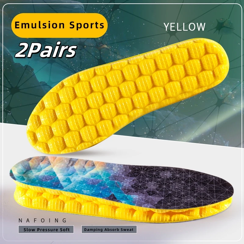 Plantillas desodorantes deportivas de alta elasticidad 4D Cloud Technologyt para zapatos, suela de PU amarilla, respirar para los pies, plantilla para correr, 2 pares