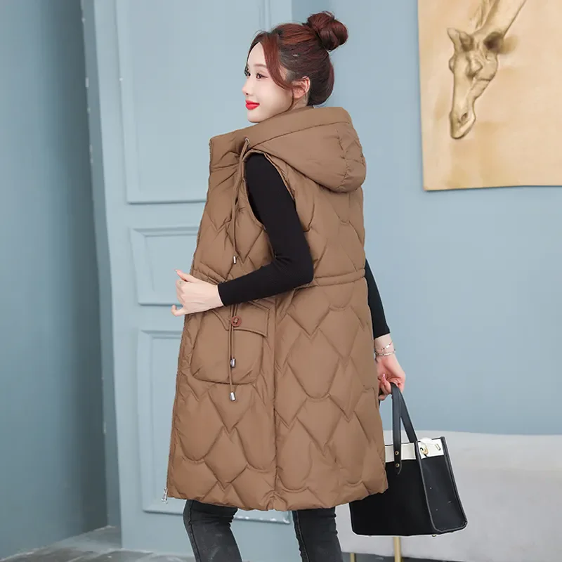 

New Winter Mid-Length Down Cotton Vest Women Parkas Hooded Sleeveless Jacket Zipper Warm Padded Waistcoat Female Outerwear T1443