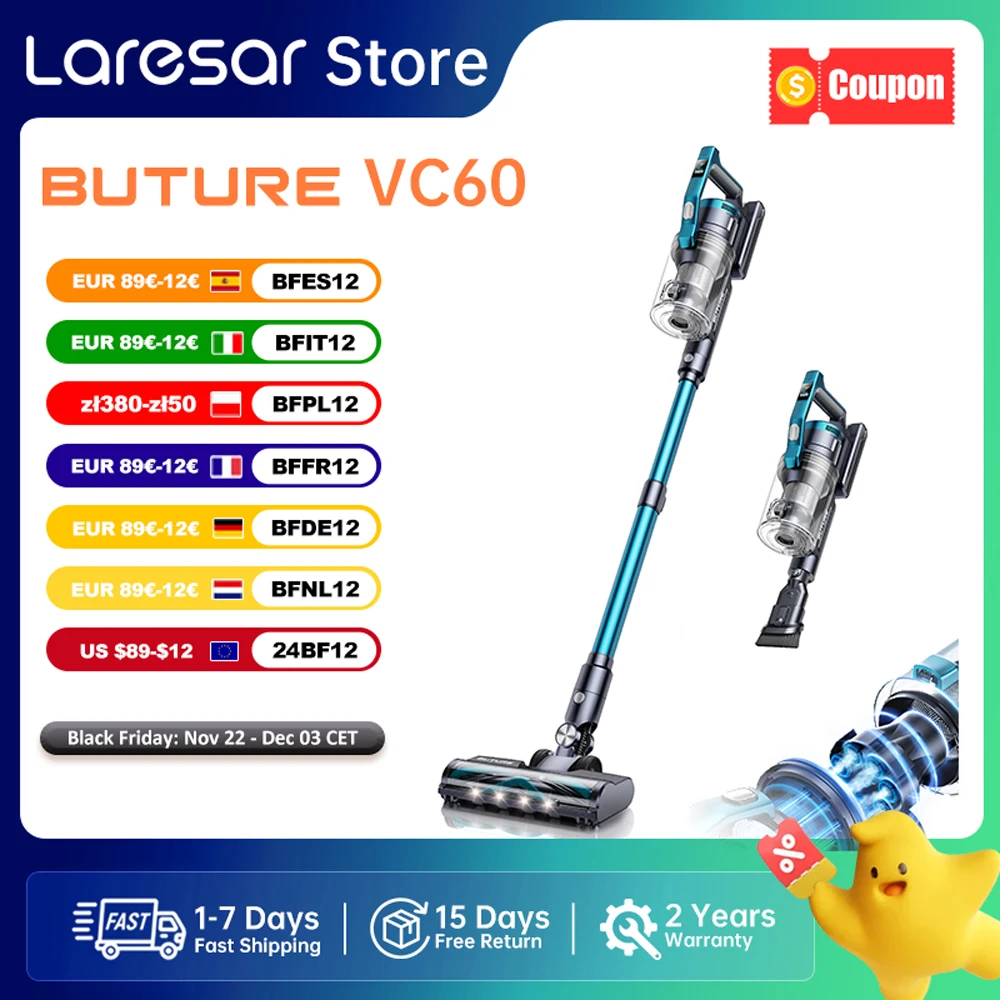 Buture VC60 Cordless Vacuum Cleaner 450W 38kPa 55mins Powerful Suction Wireless Upright Vertical, Home Floor Carpet Car Cleaning