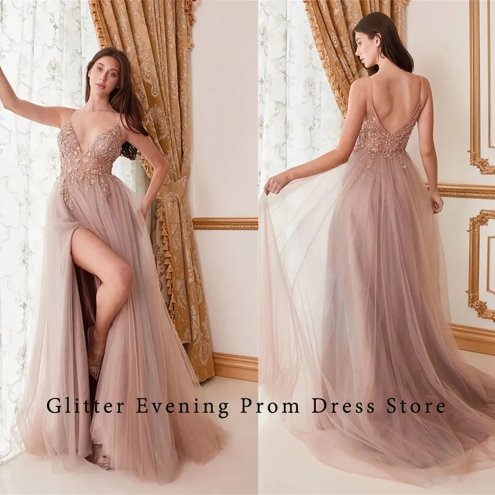 Sexy Prom Dresses For Women A-Line V-Neck Slide Split Spaghetti Strap Tulle Beading Backless Custom Birthday Evening Party Grows