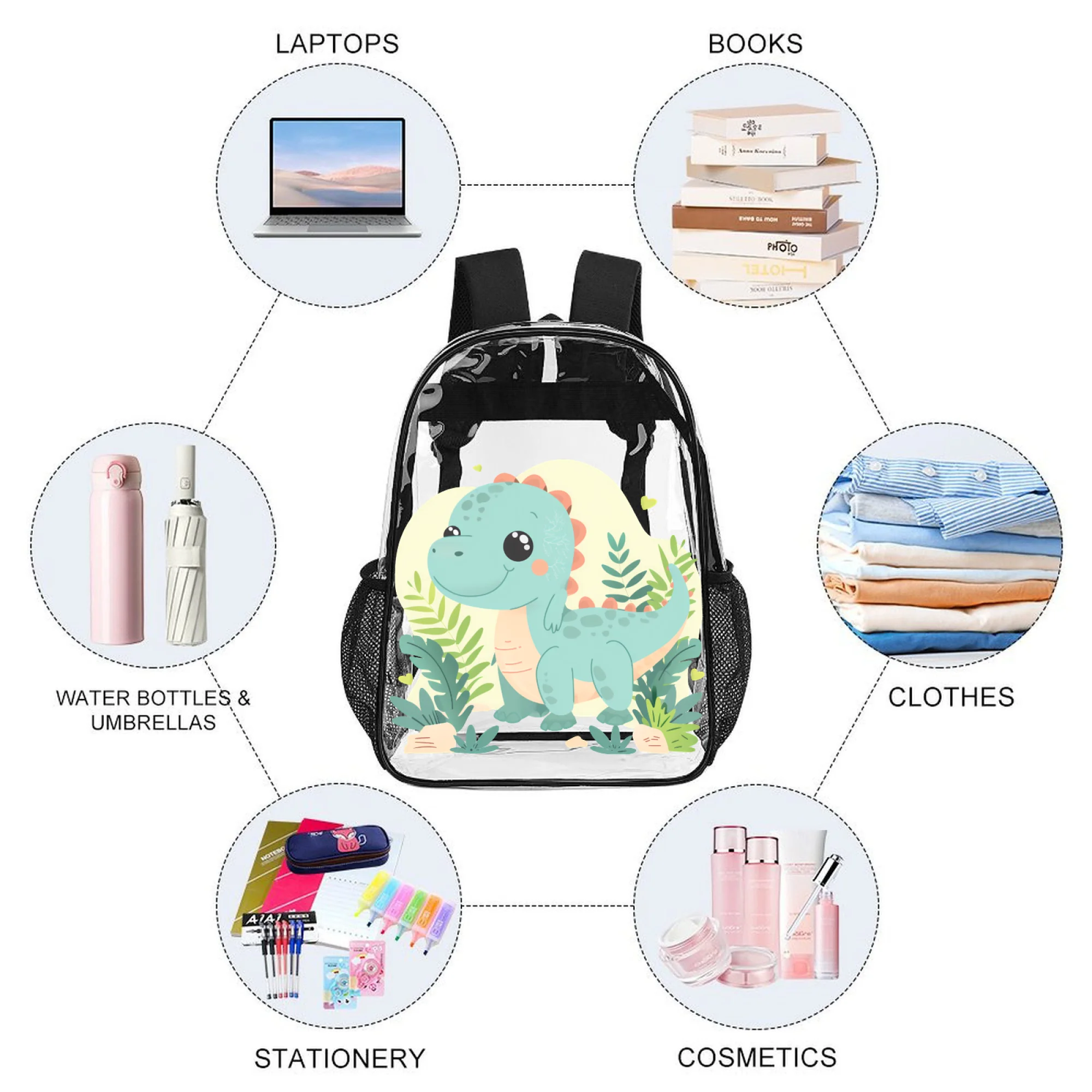 17 Inch PVC See Through Backpack with Blue Dinosaur Plants Print,  Bag Fits 16" Laptop, Side Mesh-Fun Backpack Gift