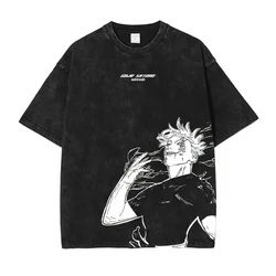 Anime Jujutsu T Shirt Vintage Washed Gojo Saturo T-shirts Men Retro Streetwear Short Sleeve Fushiguro Toji Tops Tees Men