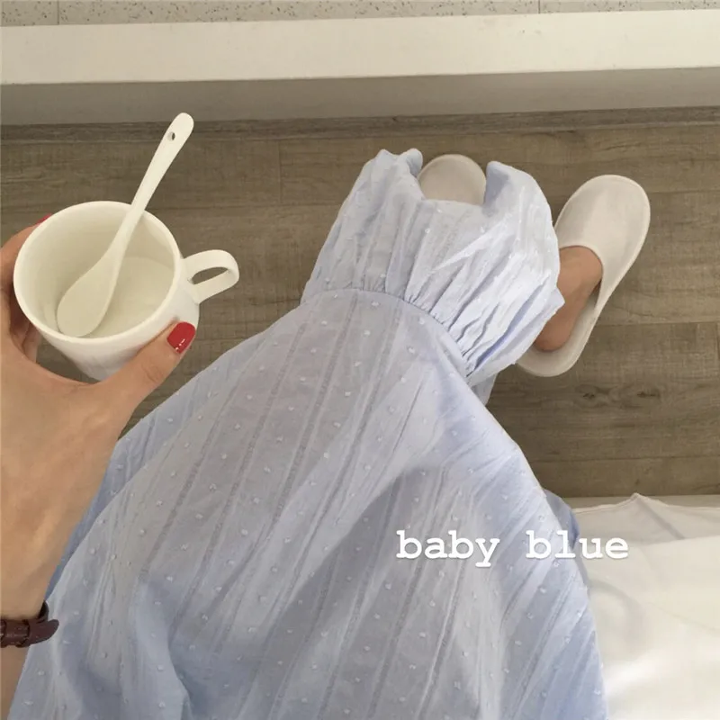 Blue Lace Square Collar Nightgown Korean Kawaii Long Sleepwear Loose Cotton Night Dress Short Sleeve Jacquard Striped Homewear