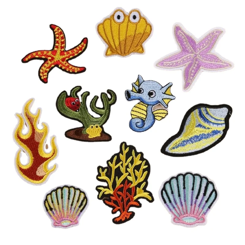 50pcs/Lot Luxury Embroidery Patch Sea Animal Seafood Shell Seahorse Coral Shirt Clothing Decoration Accessory Craft Diy Applique