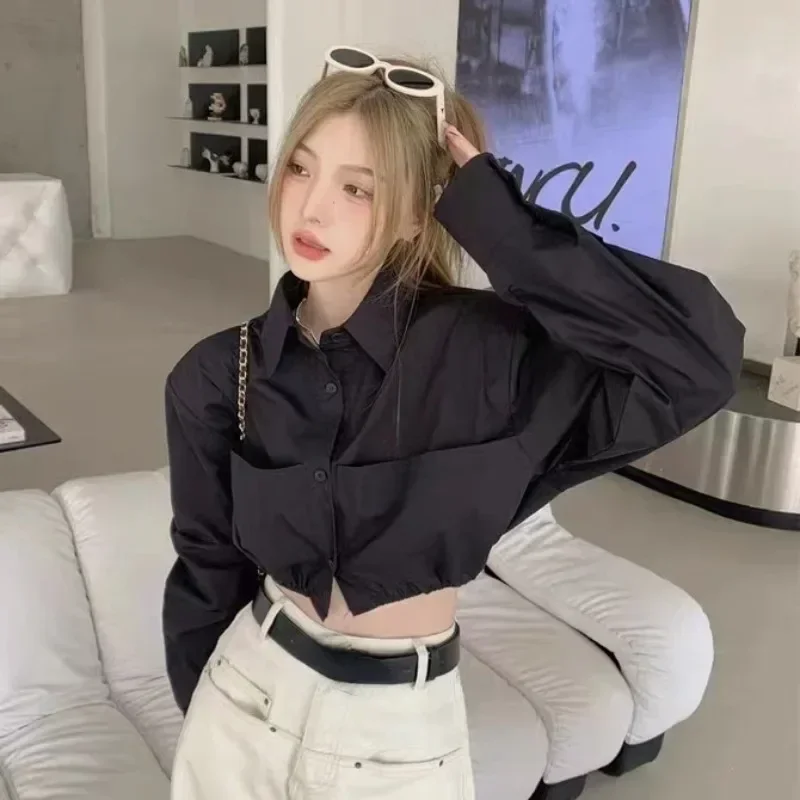 White High Waist Slim Folds Long Sleeve Shirts Korean Streetwear Women Y2k Crop Tops Camisas Short Length Sexy Chemises Femme