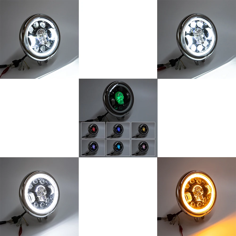 5.75 Inch Round LED Skull Headlight Far Near Light DRL With Turn Signal Angel Eyes Shape Motorcycle Headlamps For Jeep Wrangler view 5