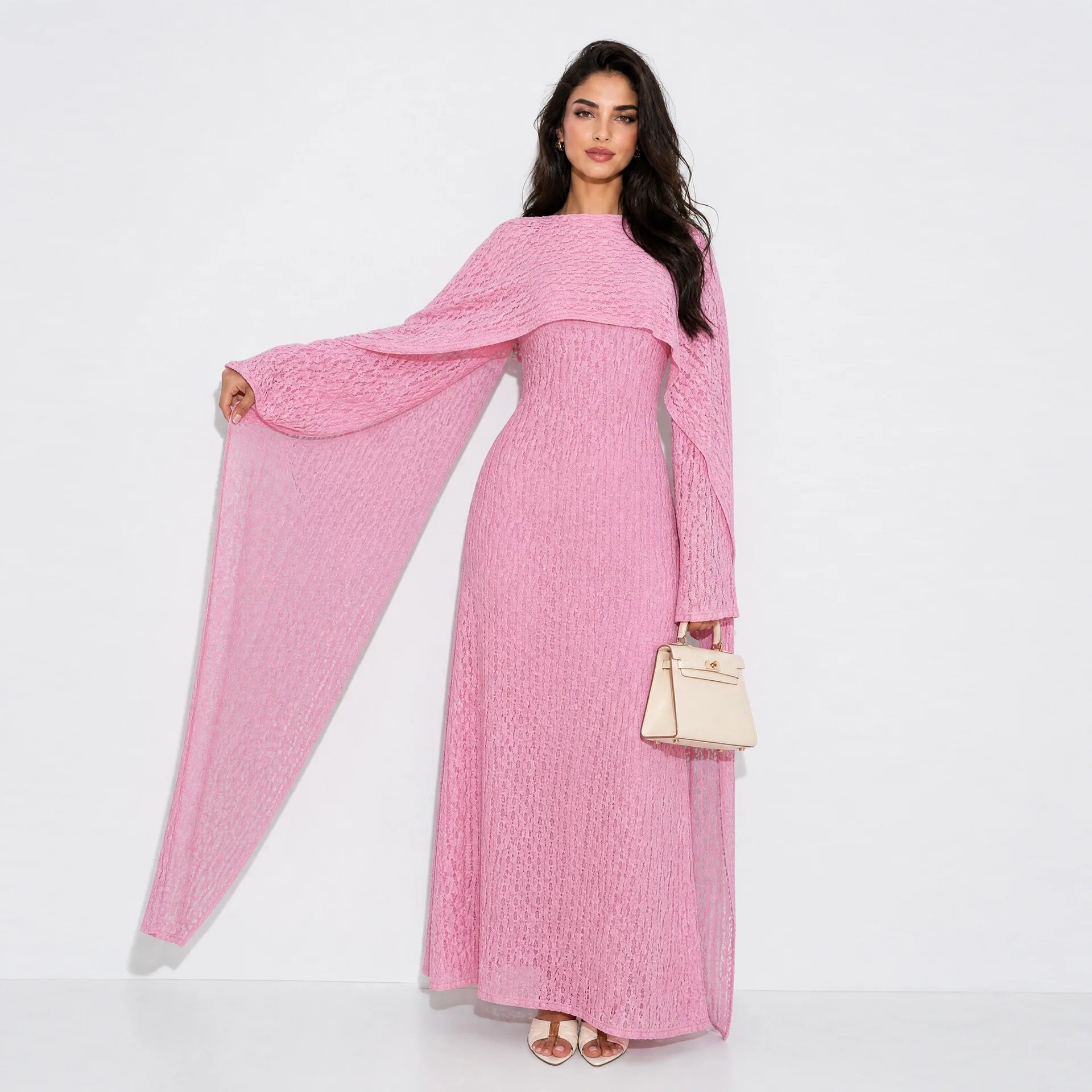 Dubai Abaya Muslim Women Hollow Crochet Lace Maxi Dress With Cape Shawl Long Sleeve Modest Islamic Gown For Evening Gown Kaftan
