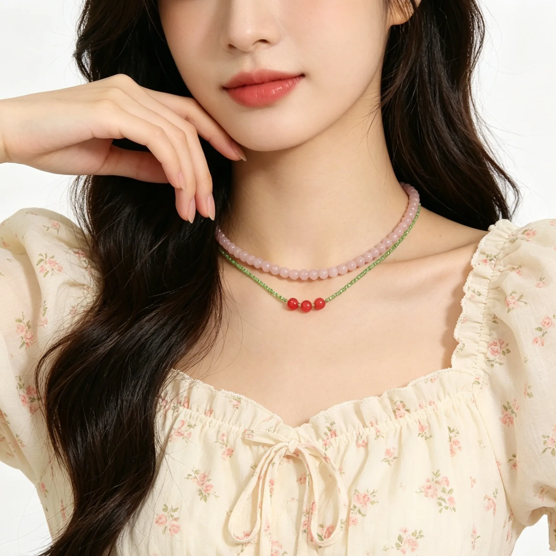 Pink Cat Eye and Strawberry Quartz Beaded Double Strand Choker Necklace for Women Sweet Korean Style Premium Lightweight
