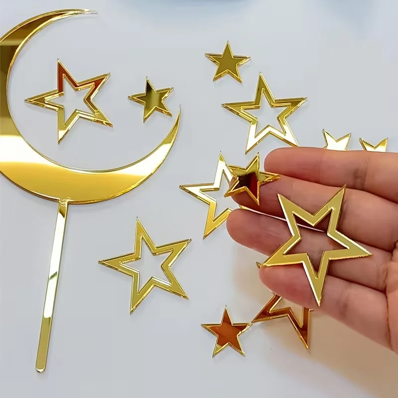 8 décorations de gâteau en acrylique étoile et lune dorées pour fête d'anniversaire d'enfants, baby shower, décoration de gâteau de mariage Ramadan, dessert DIY