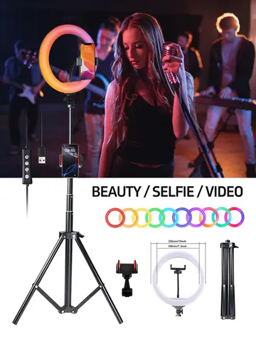 10 Inch RGB LED Ring Light with 160cm Adjustable Tripod Ideal for Photography, Makeup, Group Selfies, Conference Streaming