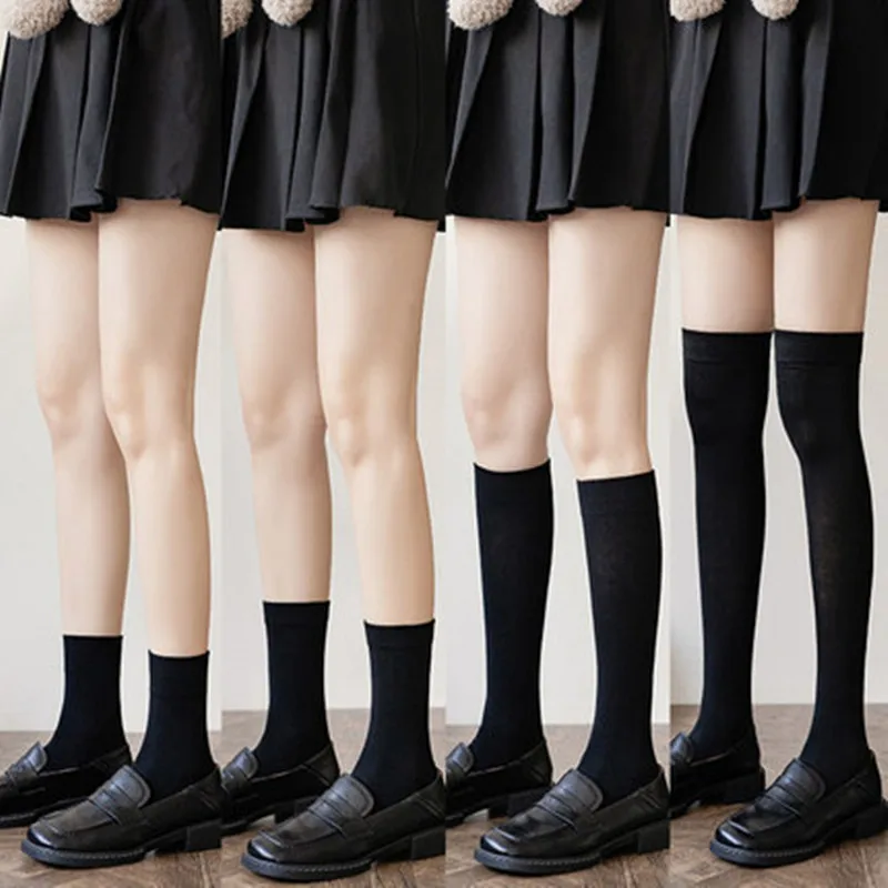 

JK Women Black White Knee High Lolita Socks Lady Girls Over Knee Cute Long Sock Thin Breathable Solid Color Stockings For Women