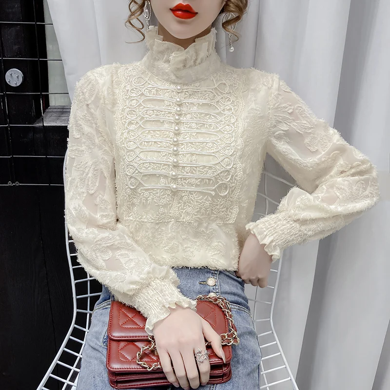 

Lace Shirts&blouses Women Tops Stand Collar Solid Vintage Blusas Mujer Autumn Winter Korean Fashion Ruffles Camisas