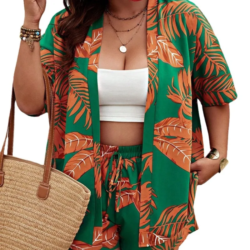 Damski zestaw wiosenno-letni: kardigan, szorty, nadruk, retro, prosty, wygodny, luźny, casualowy, modny, ekskluzywny, miękki, niszowy, dopasowany.