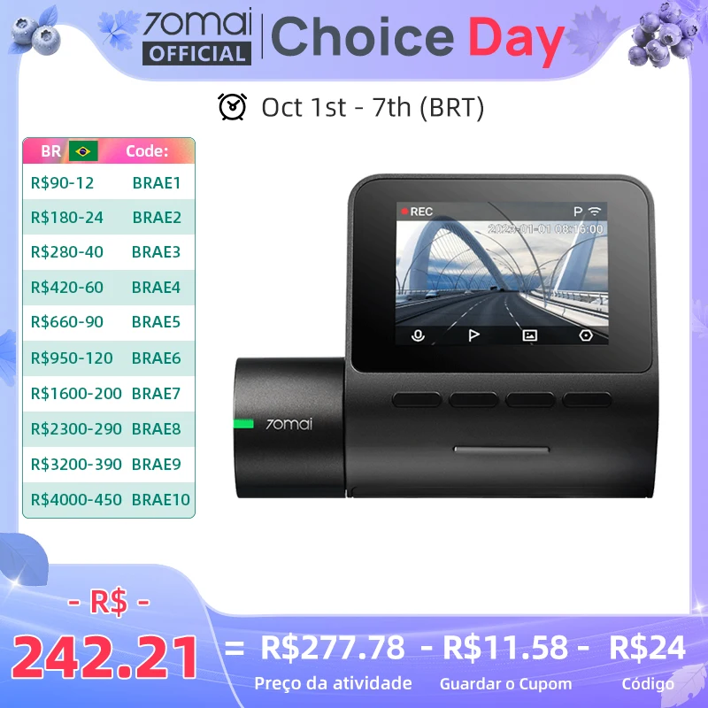 70mai Dash Cam A200 1080P 2 ''tela IPS Gravação de canal duplo 70mai Carro DVR A200 24H Monitor de estacionamento 130 ° Visão noturna FOV