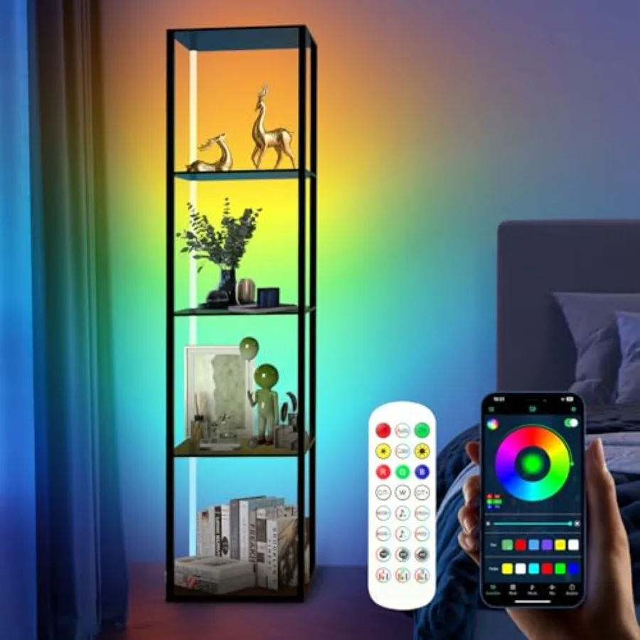 

Пятиуровневая угловая полка RGB с LED-подсветкой, высотой 63,78 дюйма, для коллекционных предметов, напольная угловая лампа LED с управлением через приложение и пультом ДУ