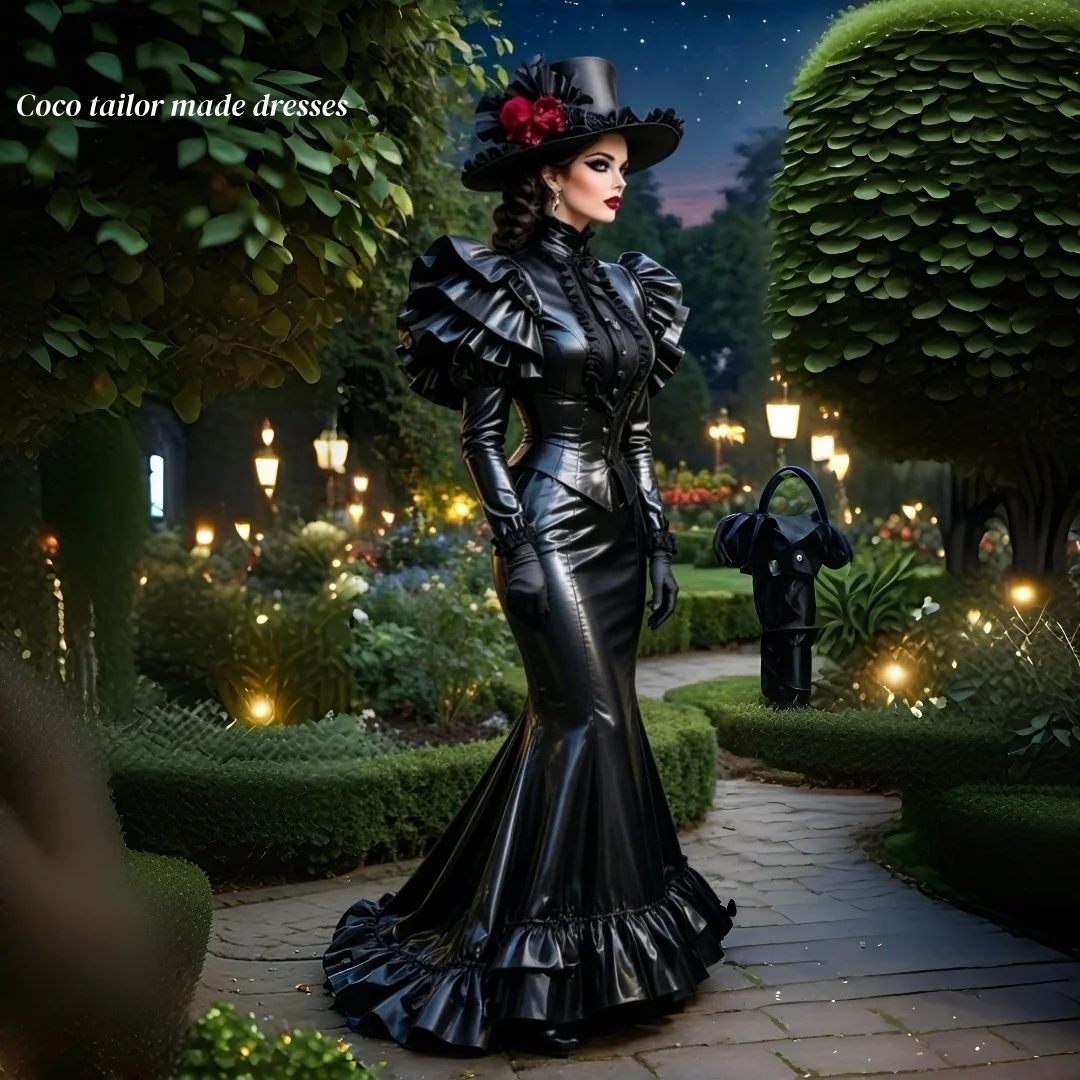 Glänzendes schwarzes viktorianisches Meerjungfrau-Abschlussballkleid aus PVC mit Rüschen und langen Ärmeln, Gothic-Halloween-Abendkleid, Cosplay-Kostüm, individuell gestaltet