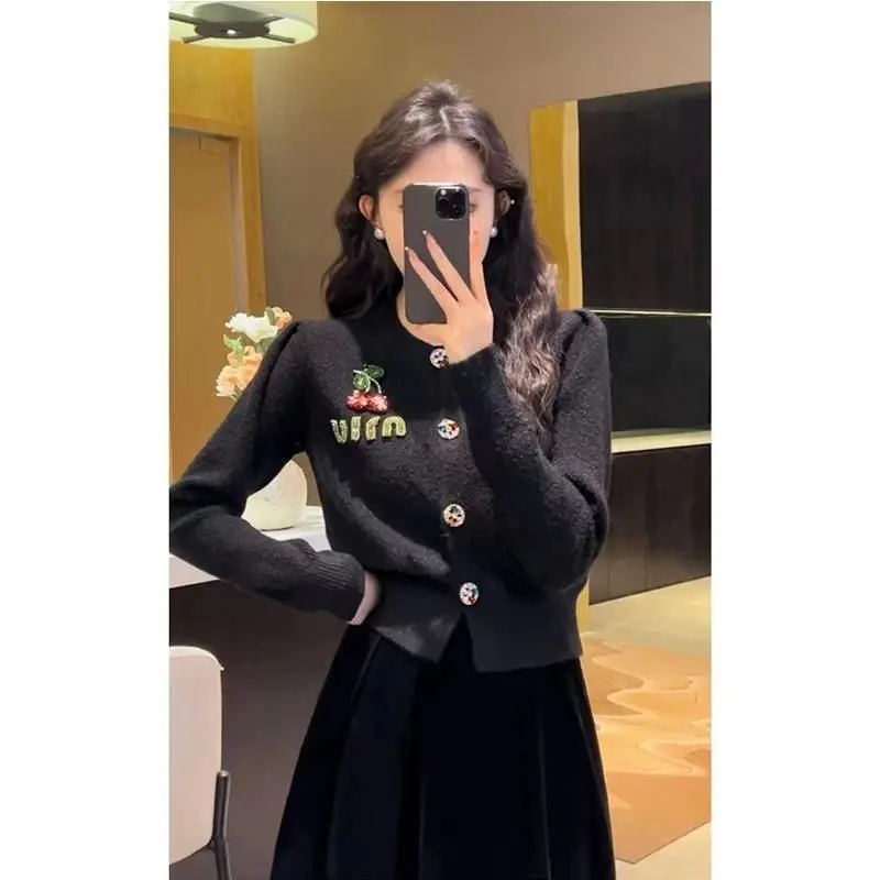 New Red Cherry Letter Embroidery Sweater Coat Spring Autumn O-neck Tops Women Y2k Long Sleeve Knitted Cardigan Korean Fashion