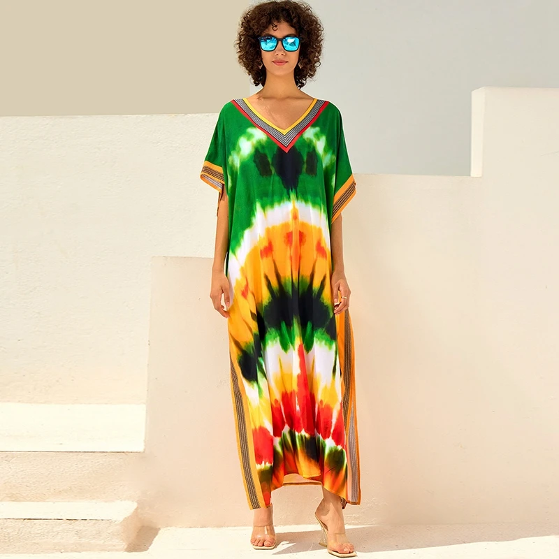 Tie Dye Summer Dress Women Oversized Kaftan Flowy Striped Print Caftan Seaside Beach Cover Ups Colorful Vivid Party Boho Robe