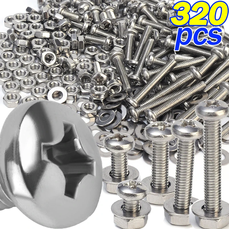 320pcs M3 Stainless Steel Hexagon Hex Socket Screw Nut Set Hardware Flat Round Caps Head Bolt Assortment Kit Allen Bolts Set