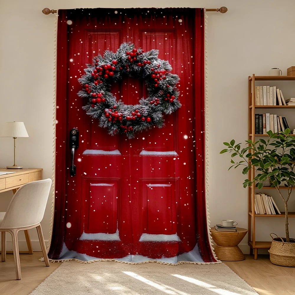 1PC Christmas Winter Tassel Sheer Curtains, Red Door Wreath Berries, Digital Print, Linen Polyester, Living Room Bedroom Decor