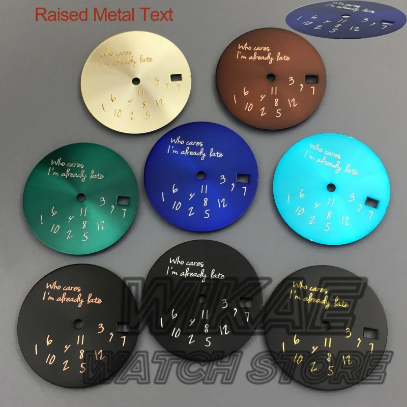 Esfera del reloj Who Cares I'm Late de 29mm con texto de carne elevado en oro rosa plateado adecuado para movimientos NH35 piezas de reloj modificadas
