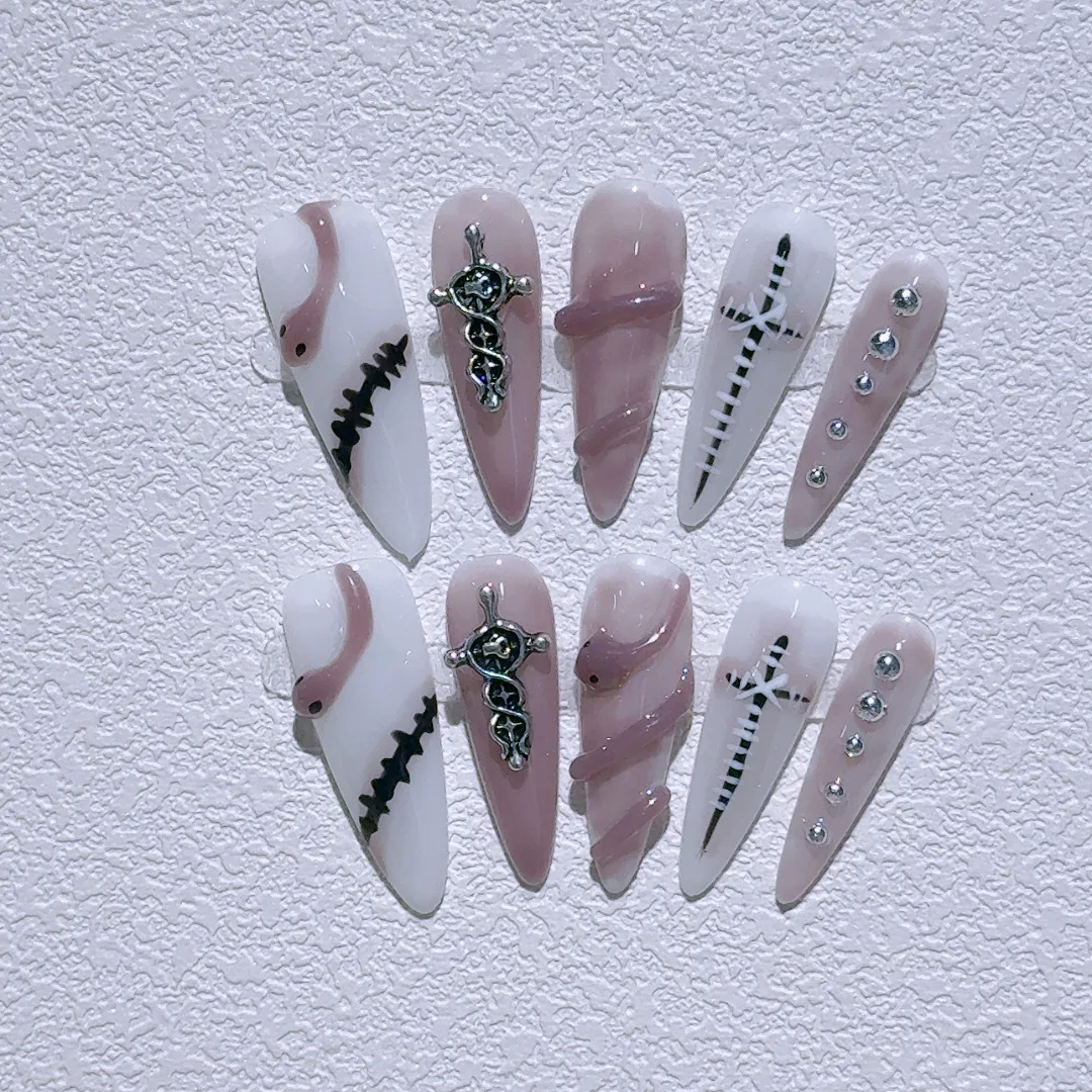 Pink cartoon 3d snake Halloween cross fake nail patch silver rivet decoration long pointed fause nail art tips fake nail extend