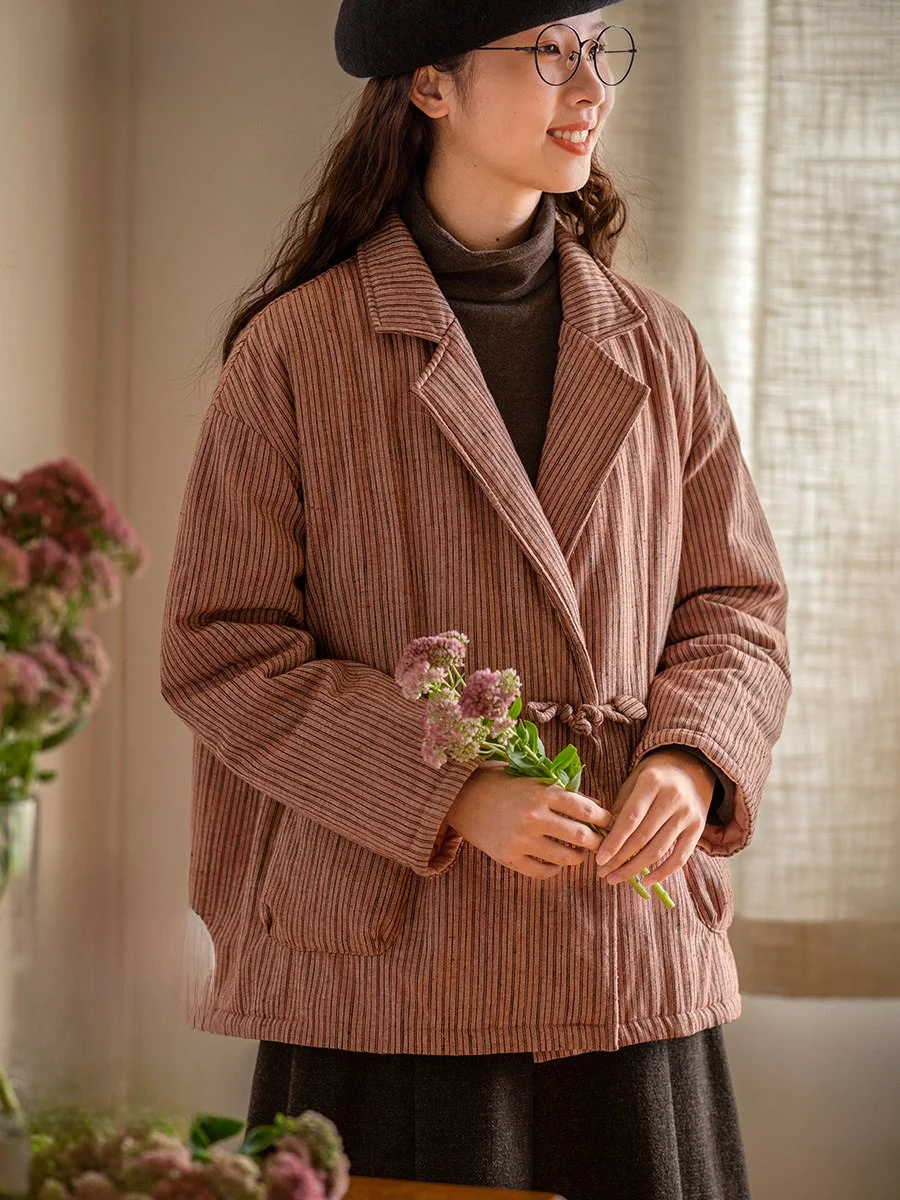 

Новое женское хлопковое пальто в китайском стиле с пуговицами и плоским воротником, зимнее пальто в полоску из смешанной ткани, Sweet Sle