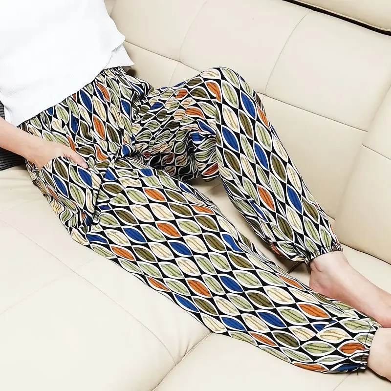 Women Clothes 2024 Summer Vintage Fashion Print Boho Thin Beach Pants Female Casual Pockets Loose Trousers High Waist Pantalones