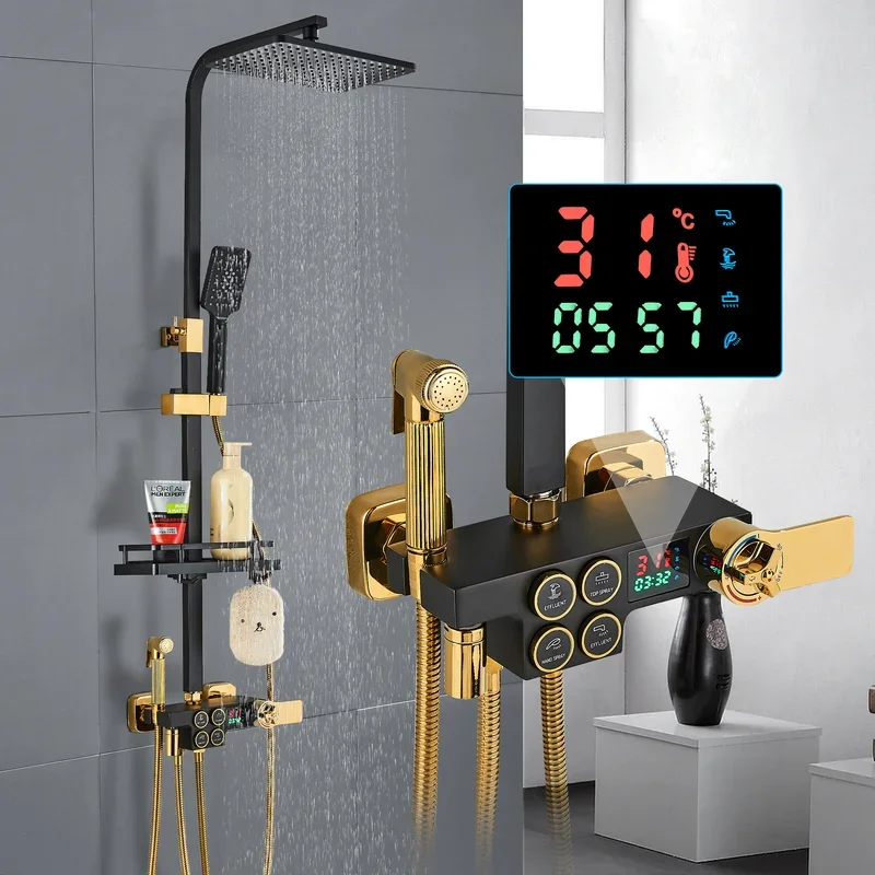 4-function button digital display shower faucet set Chrome rain shower column constant temperature shower wall mounted