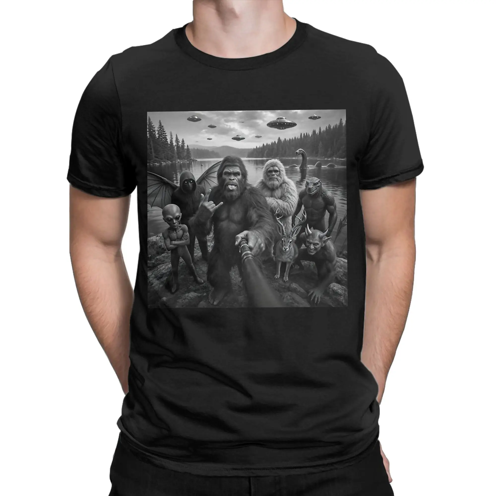 Bigfoot Alien Loch Ness Monster UFO Cryptids Selfie T-Shirt Men Women Funny 100% Cotton Tee Shirt Crew Neck Short Sleeve T Shirt