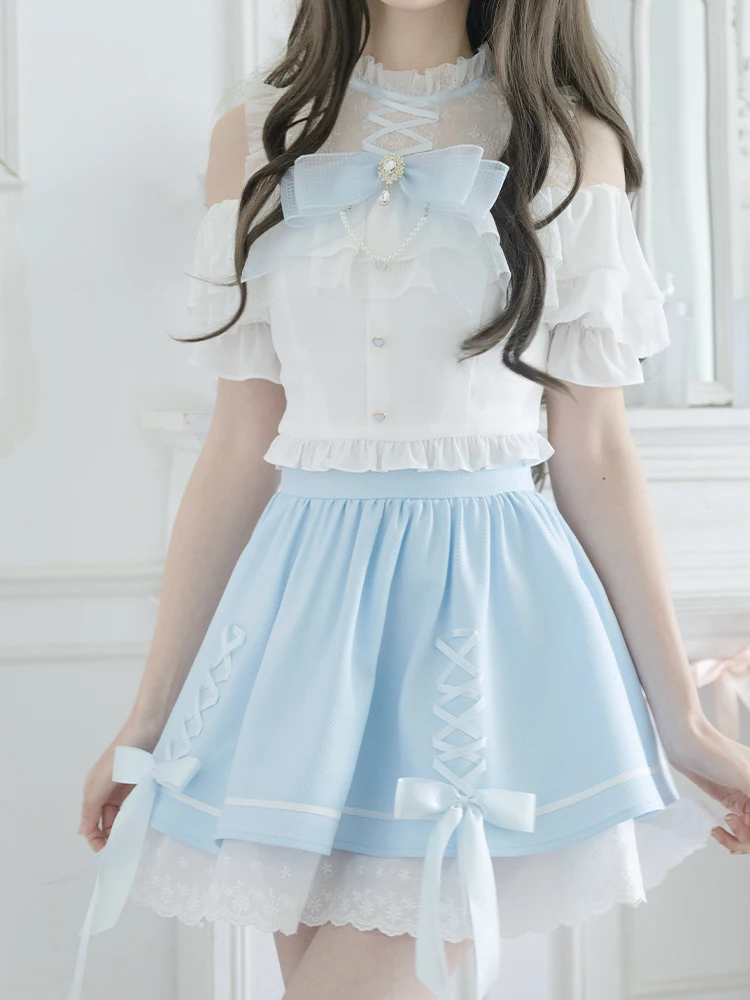 Camisas de manga corta con hombros descubiertos y cuello levantado de encaje estilo Mine japonés, faldas con lazo con cordones y cintura alta, conjuntos de dos piezas para mujer