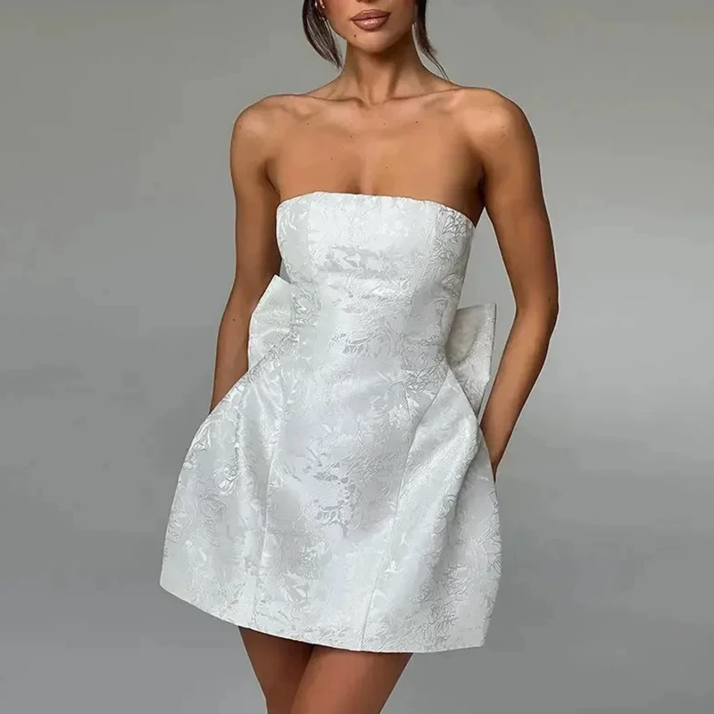 Französisch Harajuku Sommer Neue Elegante Mode Temperament Einfarbig Kreative Rohr Frauen Kleidung Bogen Dekoration Kurze Dünnes Kleid