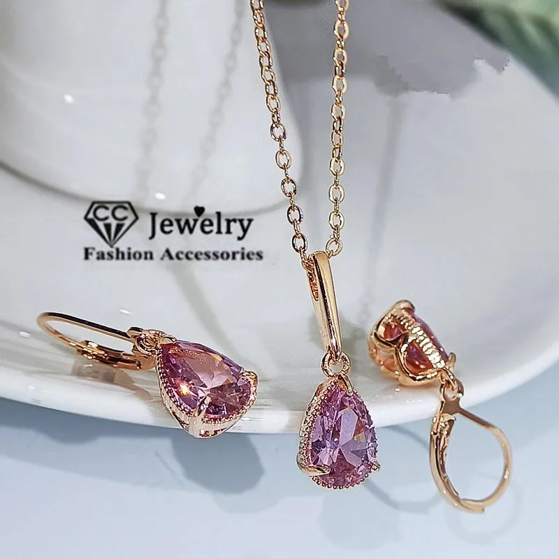 Rose Gold Plated Dangle Earrings Pink Shine AAAAA Zircon Water Drop Earring and Pendant Sets Fine Jewelry With 45cm Chain CCE624