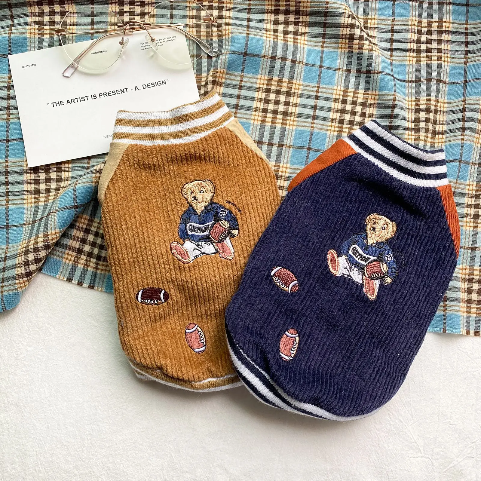 Retro Baseball Uniform Dog Clothes Ribbed Collar Corduroy Small Dogs Clothing Bear Embroidery Outfits Winter Cute Pet Products