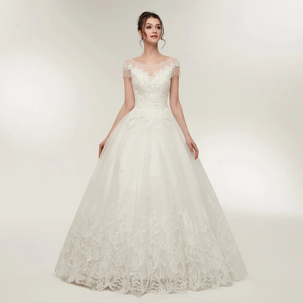 

Off the Shoulder Exquisite Appliques Lace Beading Ball Gowns Tulle Floor Length Scoop Short Sleeves Lace Up Back Wedding Dress