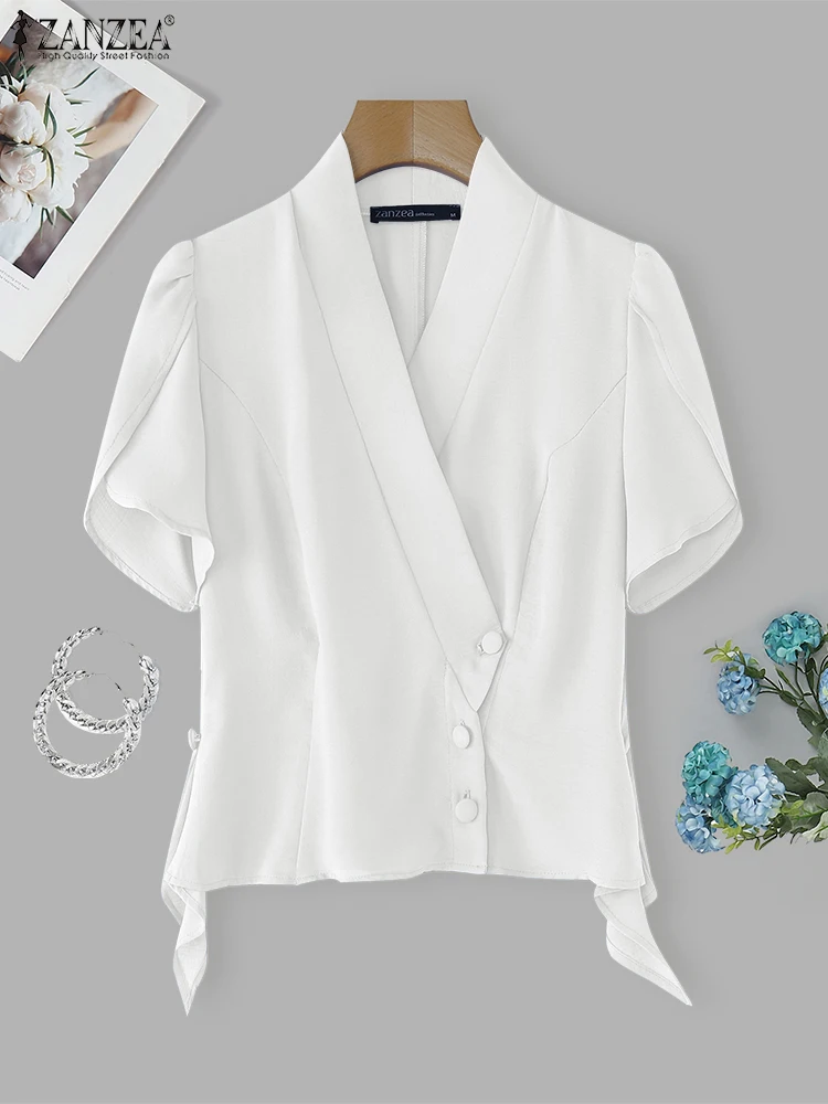 Moda OL Camicie da lavoro Donna Top con volant Breve Puff Seeve Tunica 2025 ZANZEA Moda Asimmetria Bottoni Casual Scollo a V Blusas