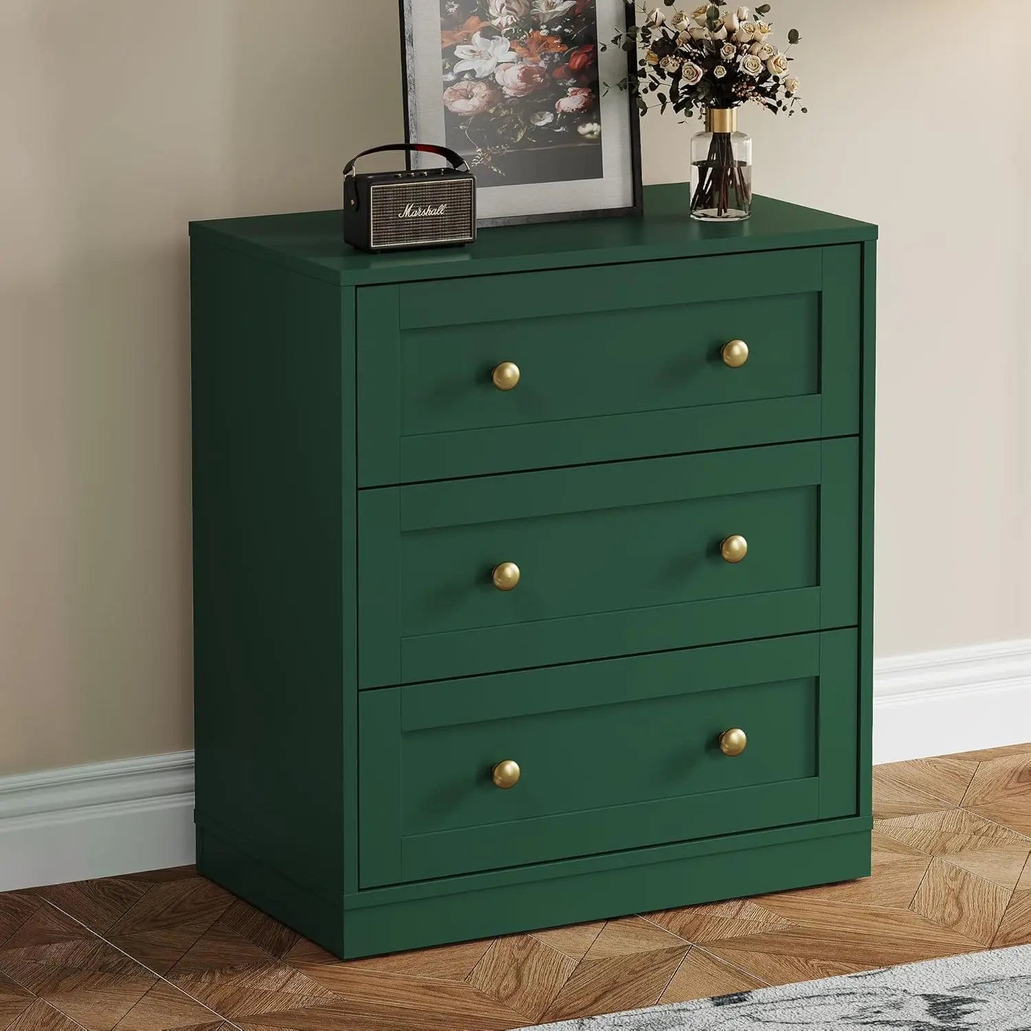 

3 Drawer Nightstand, Large Bedside Table with Round Knobs, Modern Wood End Table, Accent Side Table Chest of Drawers for