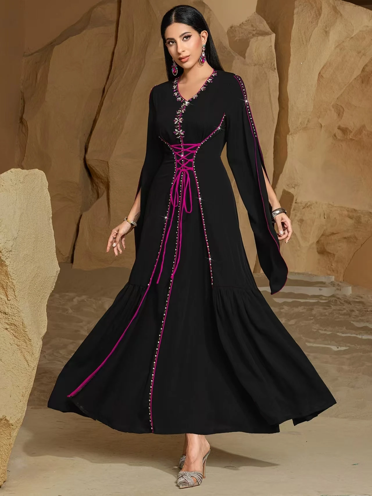 

Модное вечернее платье макси с V-образным вырезом, украшенное стразами ручной работы, с поясом, с завышенной талией, летнее платье для женщин