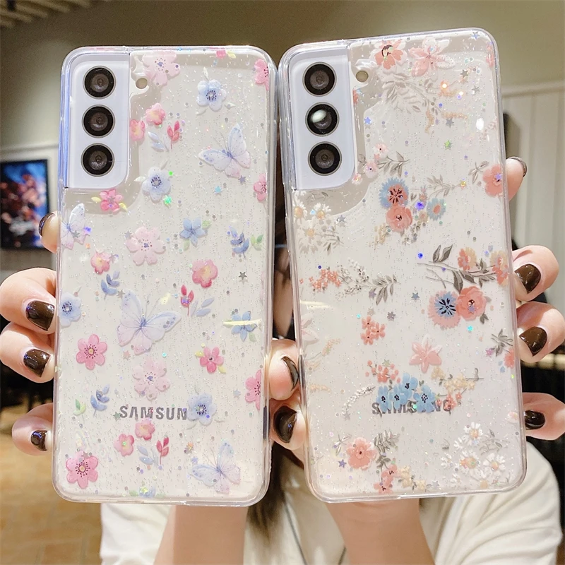 Fashion Flower Glitter Clear Soft TPU Case For Samsung Galaxy S22 S21 S20FE Plus Note 20 Ultra A73 A22 A32 A53 A72 A42 A13 Cover