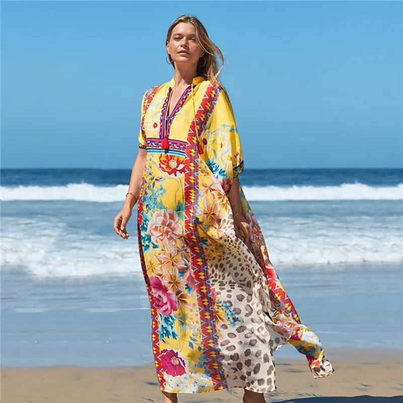 

Moroccan Style Kaftan Bohemian Printed Summer V Neck Beach Dress Long Tunic Women Beach Wear Bikini Cover Up Robe De Plage