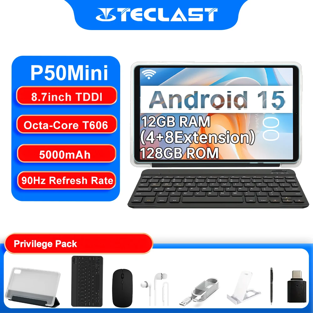 

Teclast P50Mini Tablet (Unisoc T606 Octa-Core/4GBRAM+128GBROM/Android15) Чехол для планшета, клавиатура и комплект аксессуаров для беспроводной мыши