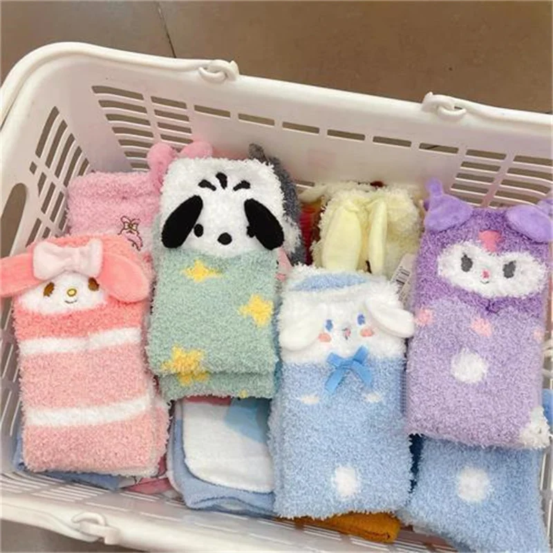 

Sanrio Socks Kuromi Mymelody Cinnamoroll Pochacco Coral Velvet Socks Floor Socks Thickening Keep Warm Christmas Gift For Girl