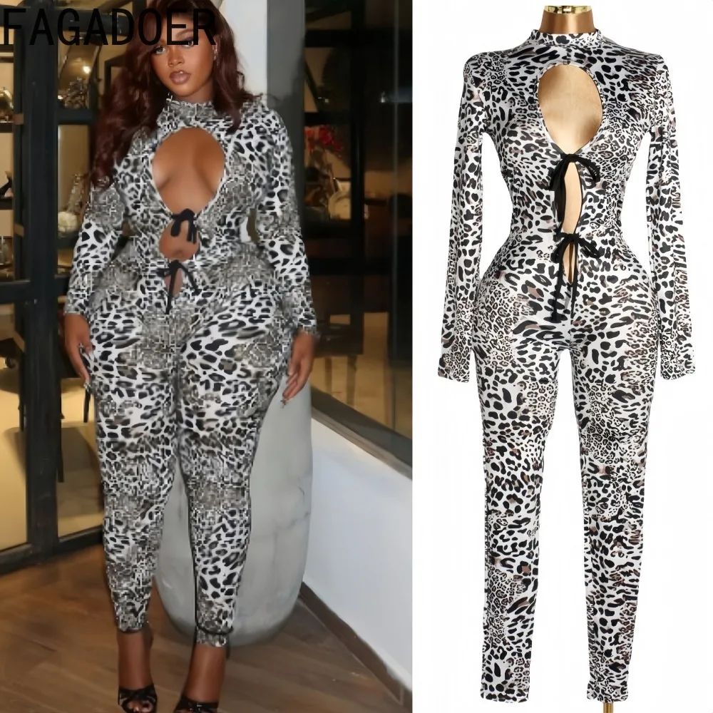 

FAGADOER Sexy Leopard Print Bodycon Jumpsuits Women Hollow Out Long Sleeves Bandage Patchwork Romper Female Streetwear Overalls