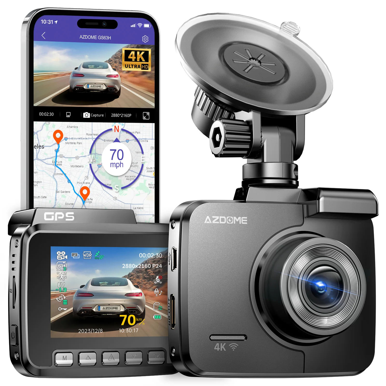 

AZDOME Dash Cam GS63H Ultra HD 4K WDR 2.4" Screen Front Camera GPS Wi-Fi Car DVR 24H Parking Monitor Night Vision APP Control