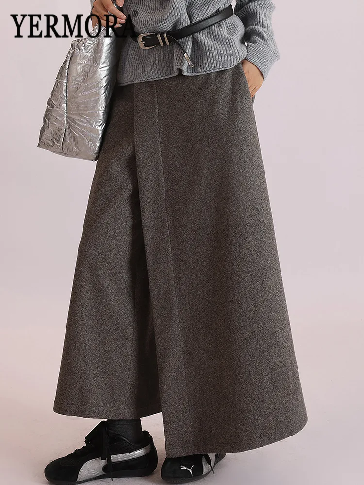 

YERMORA серые нерегулярные короткие толстые широкие брюки с высокой талией для женщин, новые свободные брюки, модные осенне-зимние 2025