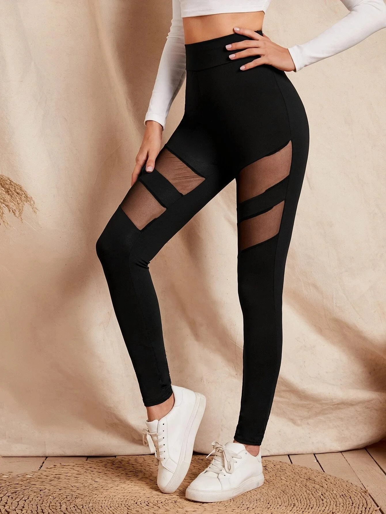 New Mesh Splicing Leggings Fashion Solid Color Elastic Leggings Spring And Summer Sexy Mesh Perspective Small Feet Pants Women