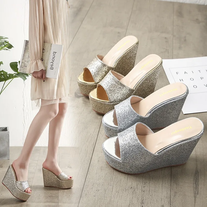 2024 Women 14cm High Square Heels 5cm Platform Pumps Summer Catwalk Sandals Designer Sandals Muffin Slides Sequin Bling Shoes